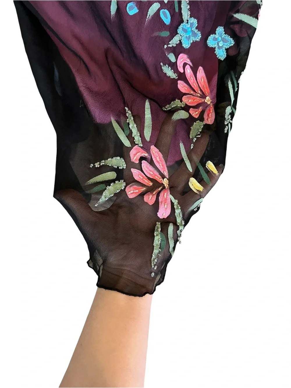 Vintage Betsey Johnson New York Silk Sheer Mesh Painted Beaded Floral Slip Dress - Picture 5 of 14